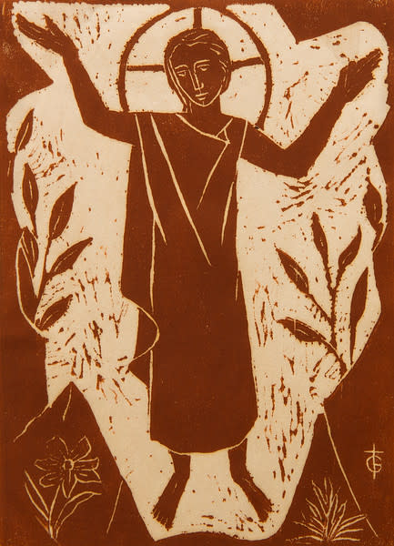 Untitled (Saint with Both Arms Raised--Dark Brown Ink on Tan Paper) by Maria Immaculata Tricholo also known as  Sister Mary Gemma of Jesus Crucified, O.P. 