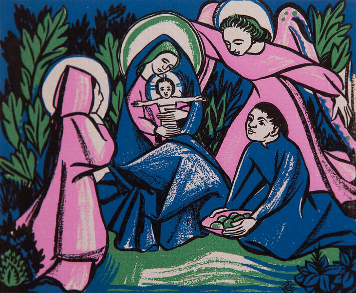 Untitled (Holy Cards--Pink and Blue Madonna with Jesus, Two Pink Angels and Kneeling Blue Figure, Green Background) by Constance Mary Rowe also known as Sister Mary of the  Compassion, O.P. 