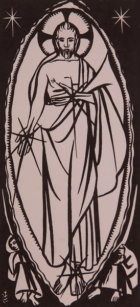Untitled (Holy Cards--Black Ink Standing Jesus with 2 Small Figures Below on White Paper) by Constance Mary Rowe also known as Sister Mary of the  Compassion, O.P. 