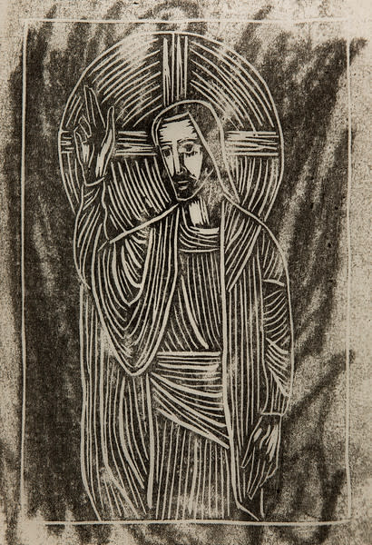 Untitled (Jesus with Raised Right Hand--Uneven Black Ink on Grey? Paper 2) by Maria Immaculata Tricholo also known as  Sister Mary Gemma of Jesus Crucified, O.P. 