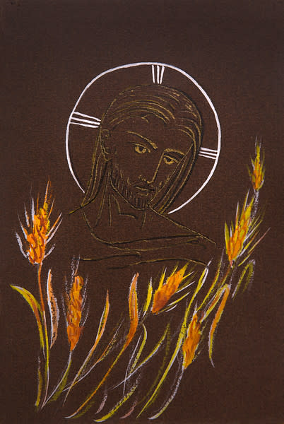 Untitled (Head of Jesus with Wheat Below on Brown Paper) by Maria Immaculata Tricholo also known as  Sister Mary Gemma of Jesus Crucified, O.P. 