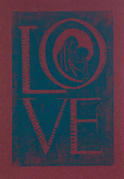 Untitled (Love--Blue ink on Red Paper) by Maria Immaculata Tricholo also known as  Sister Mary Gemma of Jesus Crucified, O.P. 