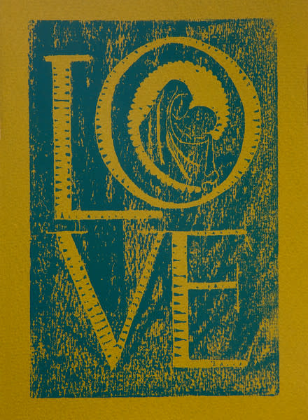 Untitled (Love--Blue ink on Yellow/Green Paper) by Maria Immaculata Tricholo also known as  Sister Mary Gemma of Jesus Crucified, O.P. 