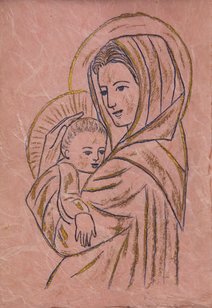 Untitled (Madonna and Child-- Gold and Black Ink on Pink Paper) by Maria Immaculata Tricholo also known as  Sister Mary Gemma of Jesus Crucified, O.P. 