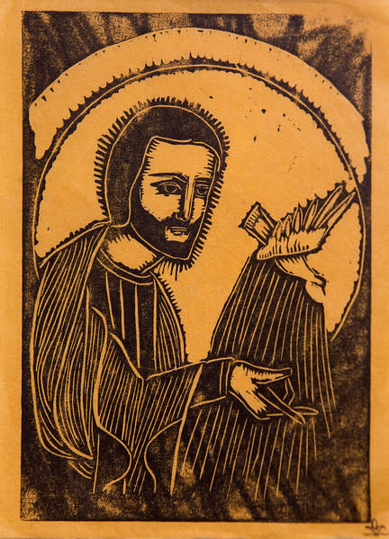 Untitled (Jesus with Bird--Black Ink on Yellow Paper) by Maria Immaculata Tricholo also known as  Sister Mary Gemma of Jesus Crucified, O.P. 