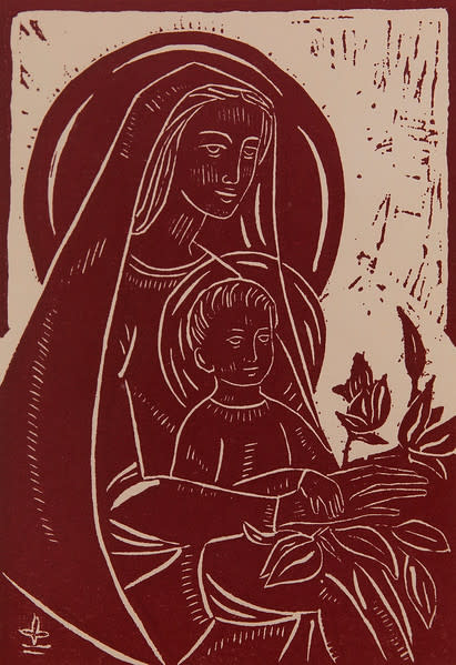 Untitled (Madonna and Child--White Ink on Dark Red Paper) by Maria Immaculata Tricholo also known as  Sister Mary Gemma of Jesus Crucified, O.P. 