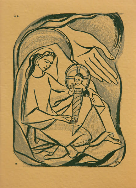 Untitled (Holy Cards--Green Madonna and Child with Large Hand on Tan Paper) by Constance Mary Rowe also known as Sister Mary of the  Compassion, O.P. 