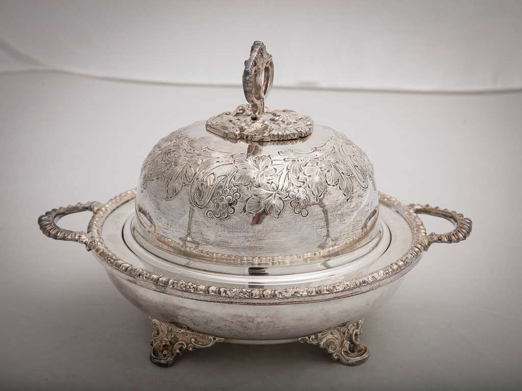 Untitled (Antique Round Footed English Lidded Silver Muffin Dish) by Artist Unknown 