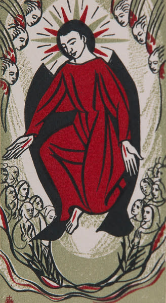 Untitled (Holy Cards--Red Jesus with 6 Angel Heads above and Many Human Figures below) by Constance Mary Rowe also known as Sister Mary of the  Compassion, O.P. 