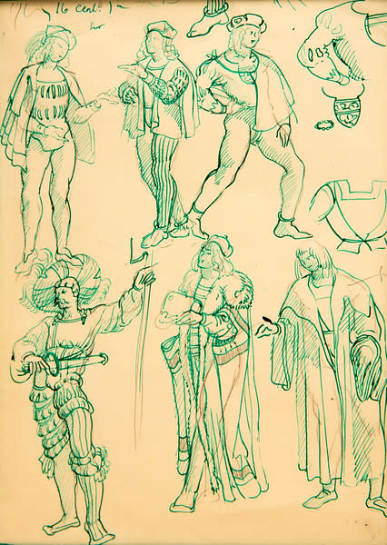 Untitled (Green Ink Costume Studies of 6+ Figures) by Constance Mary Rowe also known as Sister Mary of the  Compassion, O.P. 