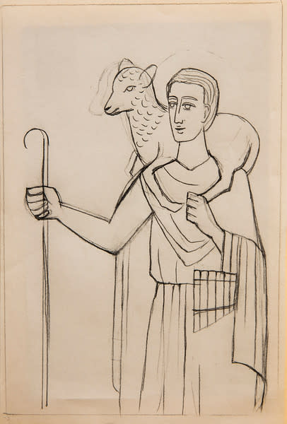 Untitled (Pencil Sketch of Jesus with Lamb on Shoulders) by Constance Mary Rowe also known as Sister Mary of the  Compassion, O.P. 