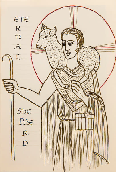 Untitled (Colored Ink Drawing of Jesus with Lamb on Shoulders and Words "Eternal Shepherd" at Left) by Constance Mary Rowe also known as Sister Mary of the  Compassion, O.P. 