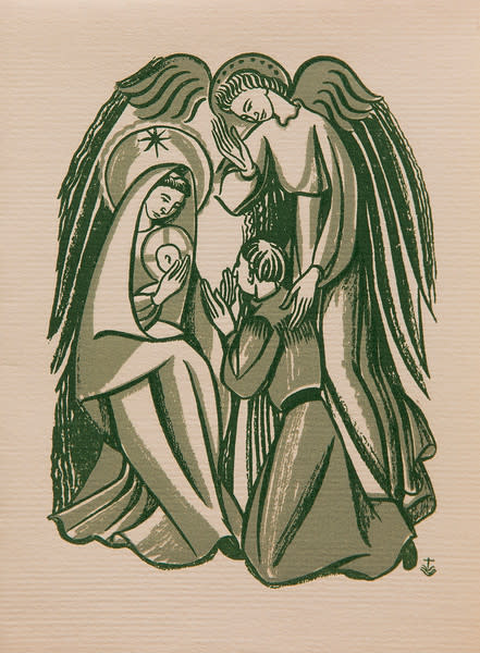 Untitled (Holy Cards--Green Ink Madonna, Child, Angel and Kneeling Figure) by Constance Mary Rowe also known as Sister Mary of the  Compassion, O.P. 