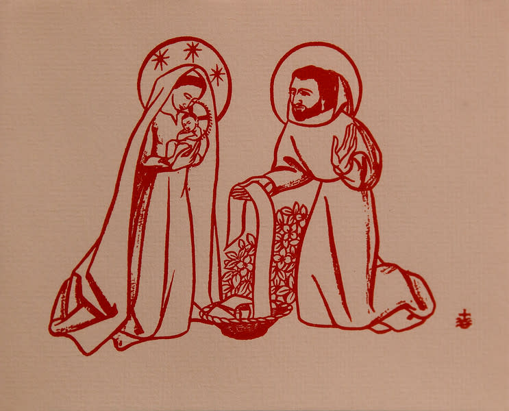 Untitled (Holy Cards--Red Mary, Jesus and Joseph) by Constance Mary Rowe also known as Sister Mary of the  Compassion, O.P. 