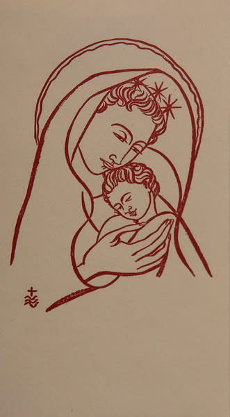 Untitled (Holy Cards--Dark Red Madonna and Child on White Paper) by Constance Mary Rowe also known as Sister Mary of the  Compassion, O.P. 