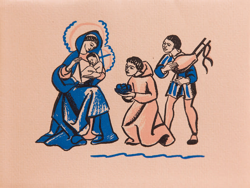 Untitled (Holy Cards--Blue Madonna and Child with Pink Kneeling Figure and Blue Standing Figure) by Constance Mary Rowe also known as Sister Mary of the  Compassion, O.P. 