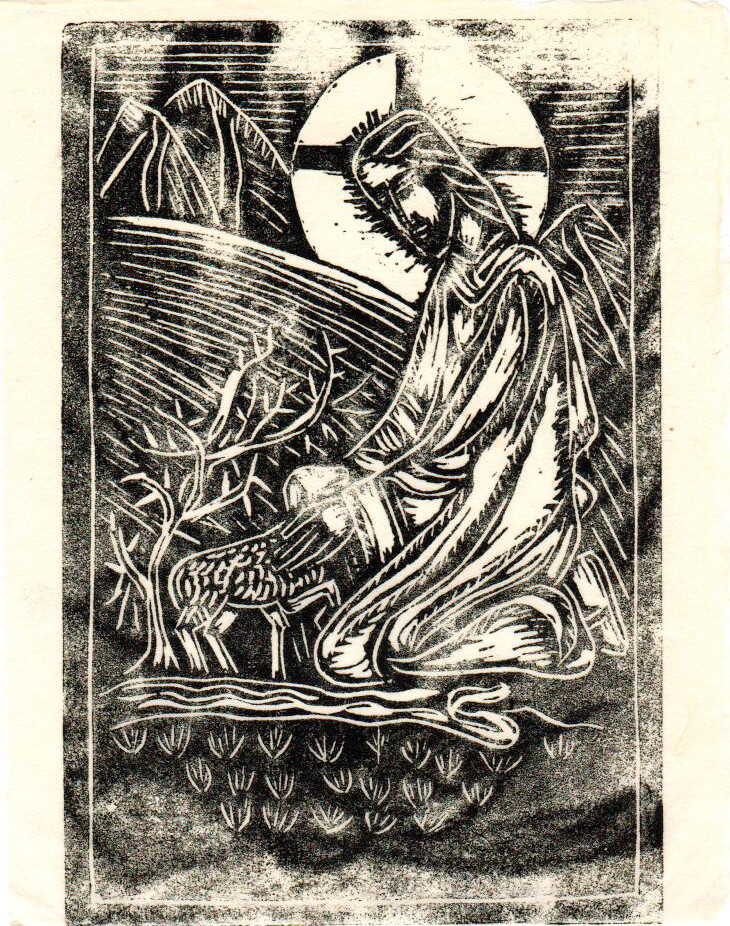 Untitled (Kneeling Jesus with Lamb, Uneven Black Ink on White Paper) by Maria Immaculata Tricholo also known as  Sister Mary Gemma of Jesus Crucified, O.P. 