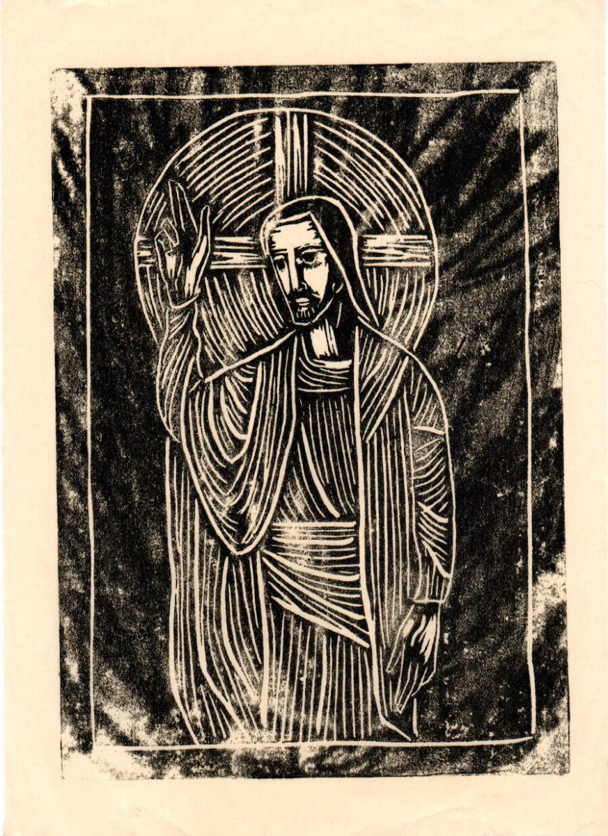 Untitled (Jesus with Raised Right Hand--Uneven Black Ink on White Paper 3) by Maria Immaculata Tricholo also known as  Sister Mary Gemma of Jesus Crucified, O.P. 