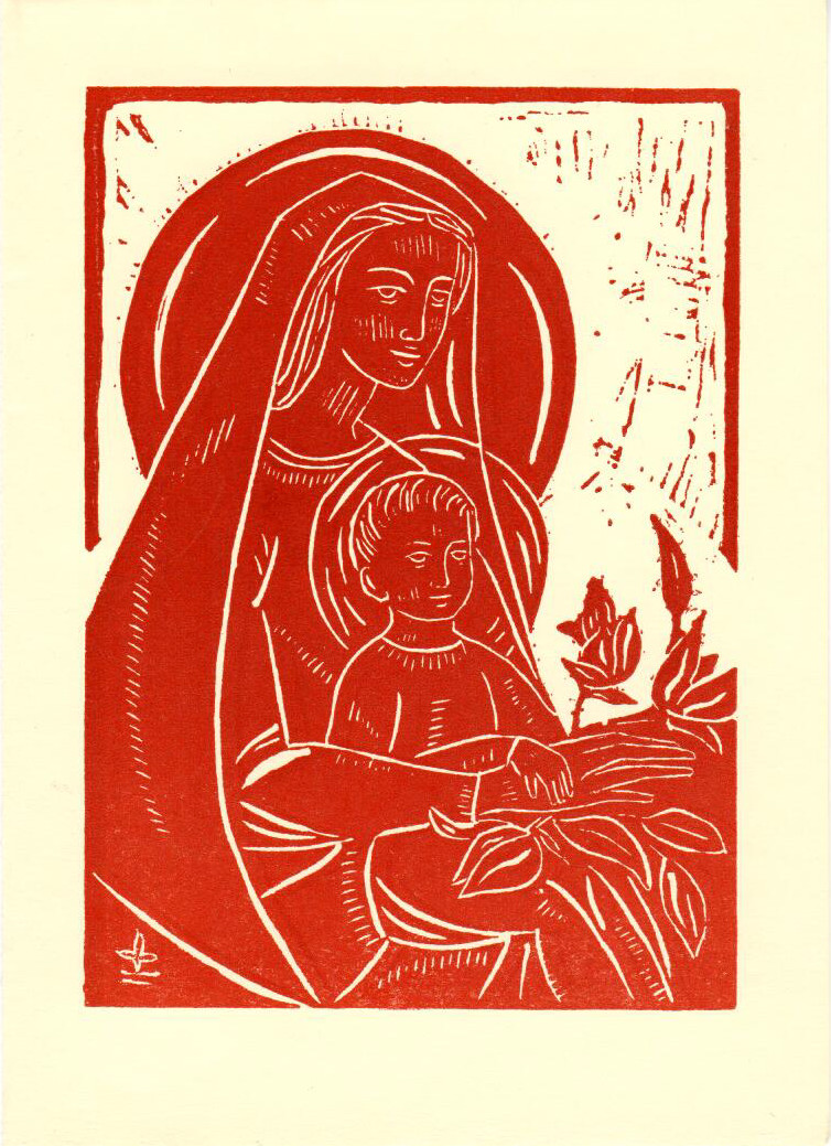 Untitled (Madonna and Child--White Ink on Orange-Red Paper) by Maria Immaculata Tricholo also known as  Sister Mary Gemma of Jesus Crucified, O.P. 