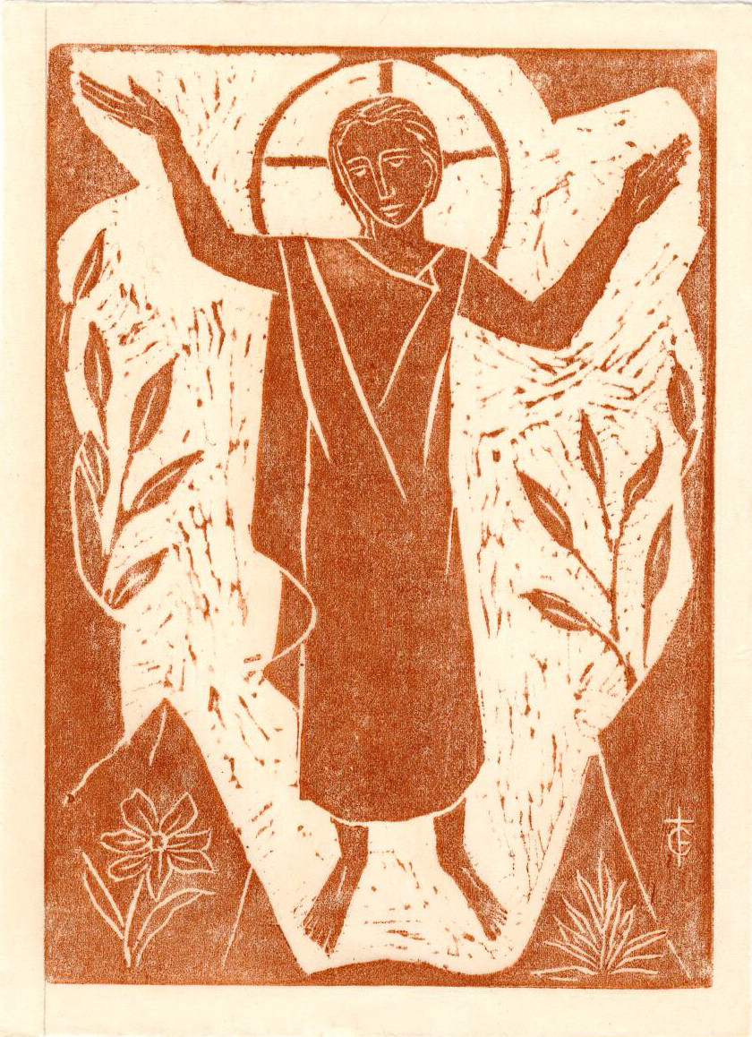 Untitled (Saint with Both Arms Raised--Light Brown Ink on White Paper) by Maria Immaculata Tricholo also known as  Sister Mary Gemma of Jesus Crucified, O.P. 