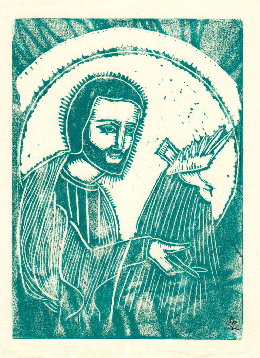 Untitled (Jesus with Bird--Blue Ink on White Paper) by Maria Immaculata Tricholo also known as  Sister Mary Gemma of Jesus Crucified, O.P. 