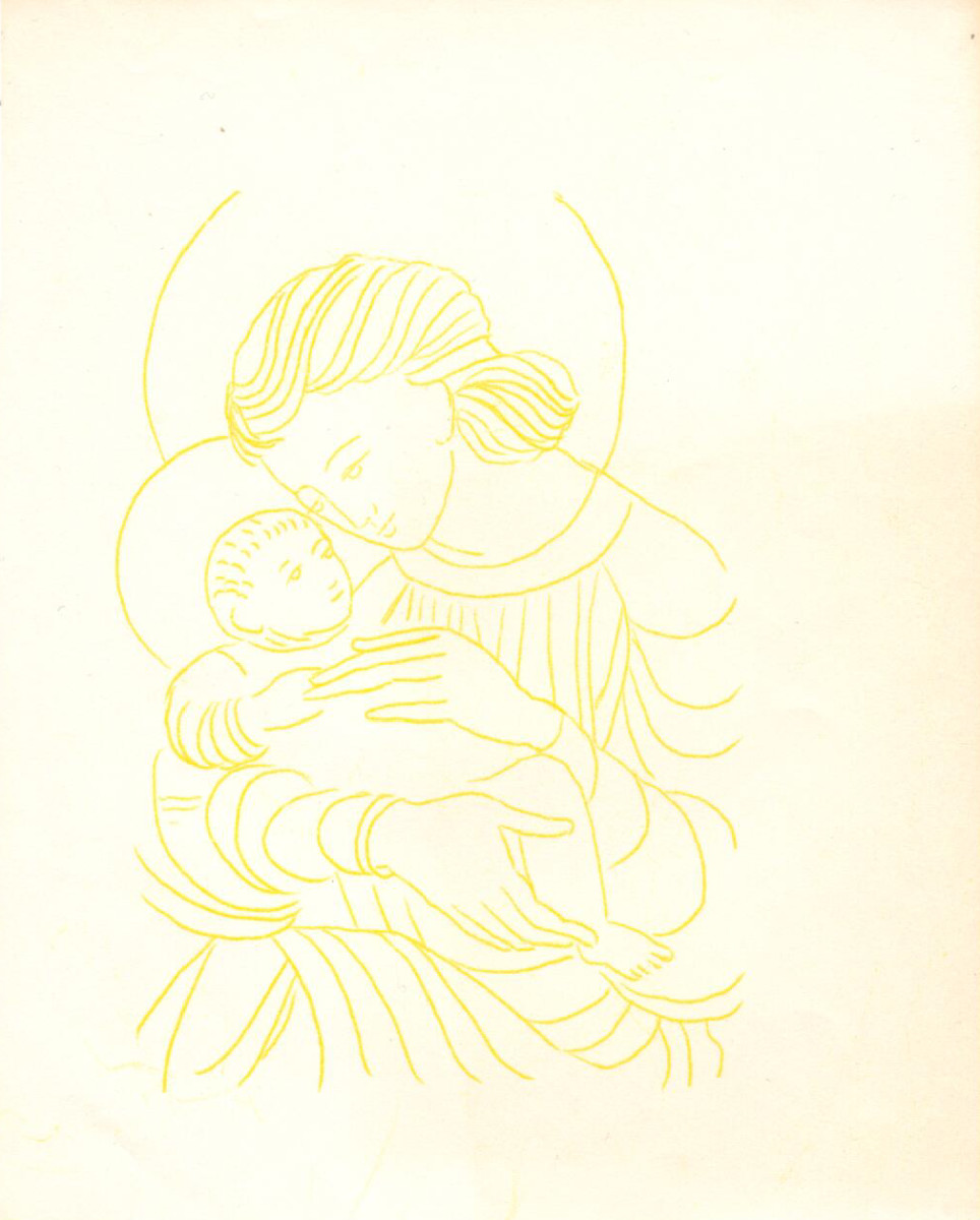 Untitled (Madonna and Child--Yellow Ink on White Paper) by Maria Immaculata Tricholo also known as  Sister Mary Gemma of Jesus Crucified, O.P. 
