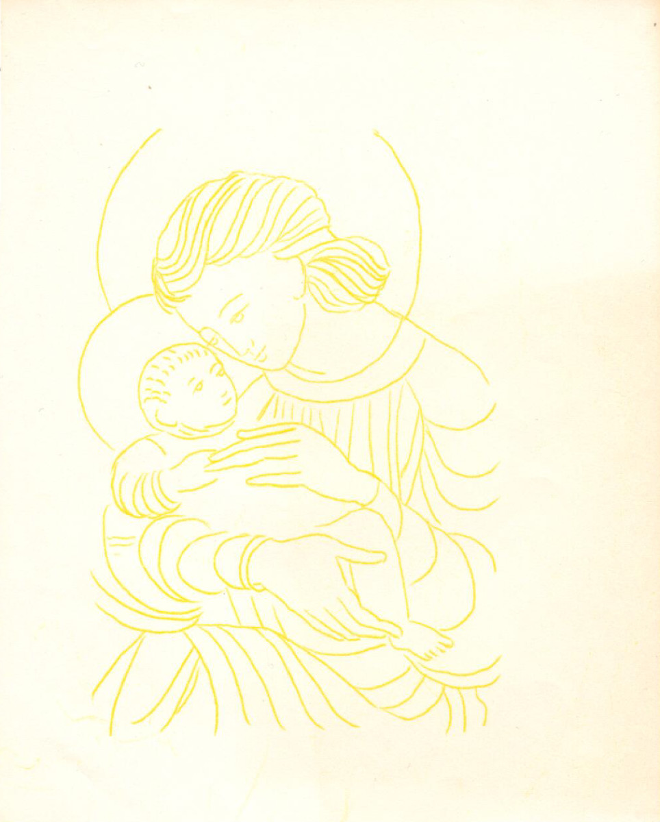 Untitled (Madonna and Child--Yellow Ink on White Paper) by Maria Immaculata Tricholo also known as  Sister Mary Gemma of Jesus Crucified, O.P. 