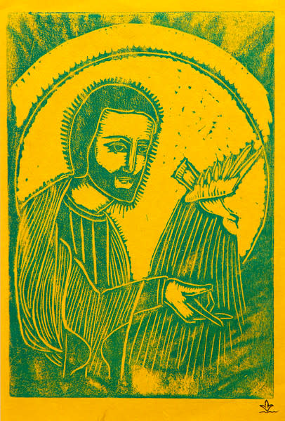 Untitled (Jesus with Bird--Green Ink on Yellow Paper) by Maria Immaculata Tricholo also known as  Sister Mary Gemma of Jesus Crucified, O.P. 