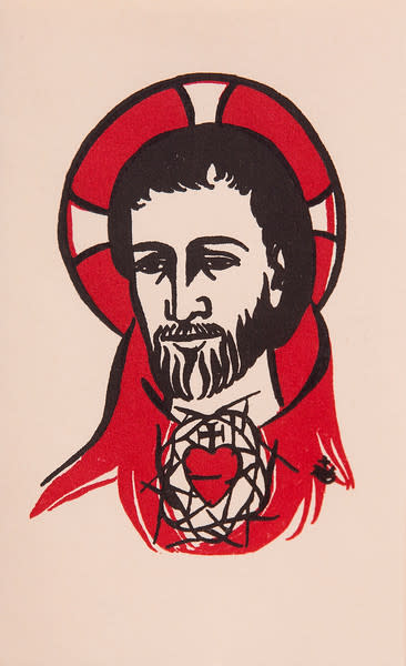 Untitled (Holy Cards--Black Ink Head of Jesus with Red Heart and Halo) by Constance Mary Rowe also known as Sister Mary of the  Compassion, O.P. 