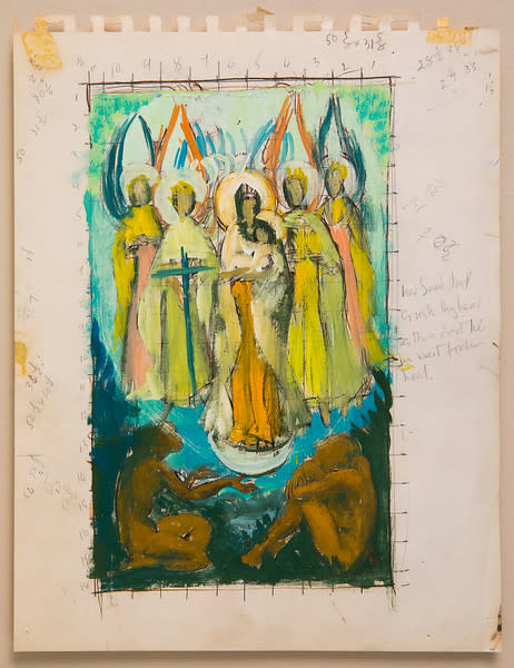 Untitled (Standing Madonna and Child and 4 Angels in Yellow and Two Seated Figures below) by Constance Mary Rowe also known as Sister Mary of the  Compassion, O.P. 
