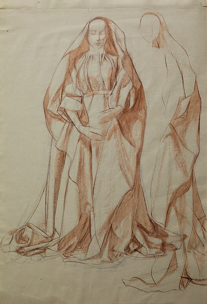 Untitled (Red Wash Study of Nun in Full Dress Looking Down--Shadow Figure at Right Behind Her) by Constance Mary Rowe also known as Sister Mary of the  Compassion, O.P. 