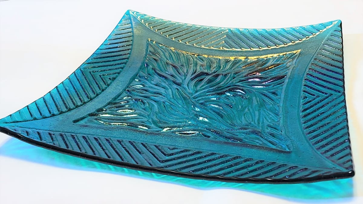 Large Textured Plate in Peacock Blue Irid by Kathy Kollenburn 