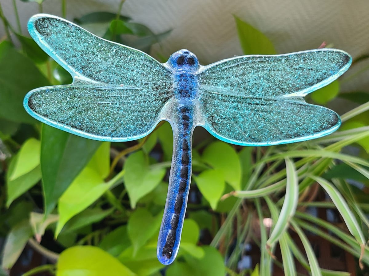 Plant Pick-Dragonfly, Large, Cobalt with Lt Aqua Wings 