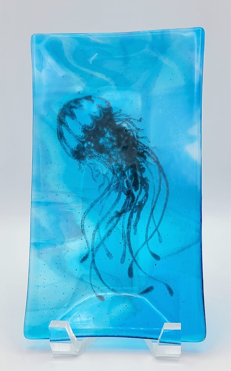 Tray Dish with Jellyfish, Turquoise/Clear Streaky by Kathy Kollenburn 