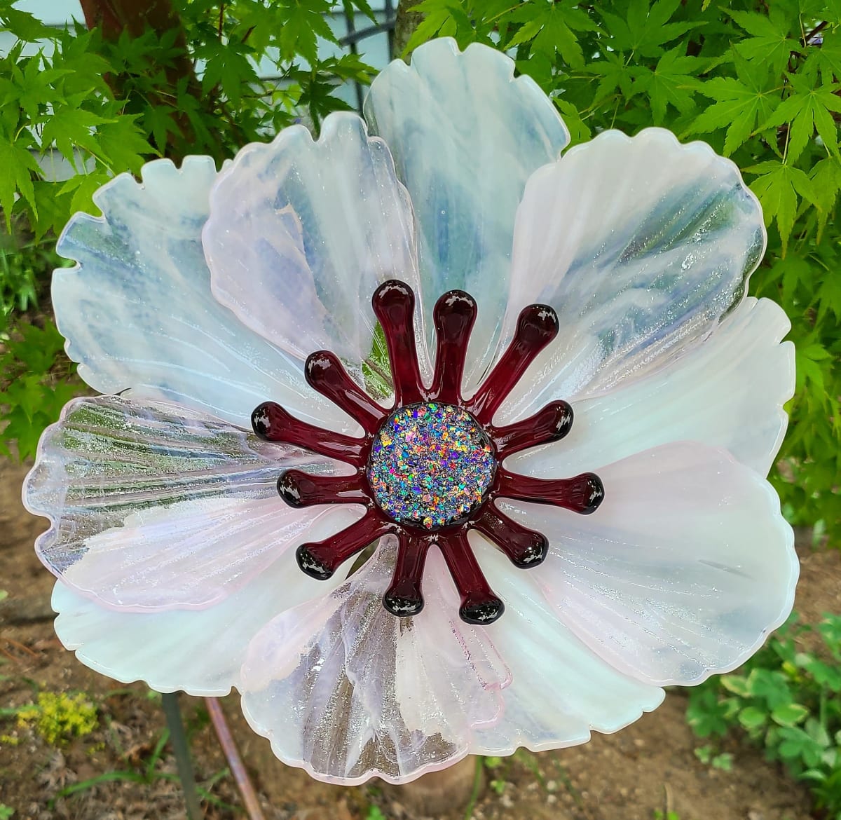 Garden Flower-Pink/White Streaky with Cranberry Stamens and Dichroic Center by Kathy Kollenburn 