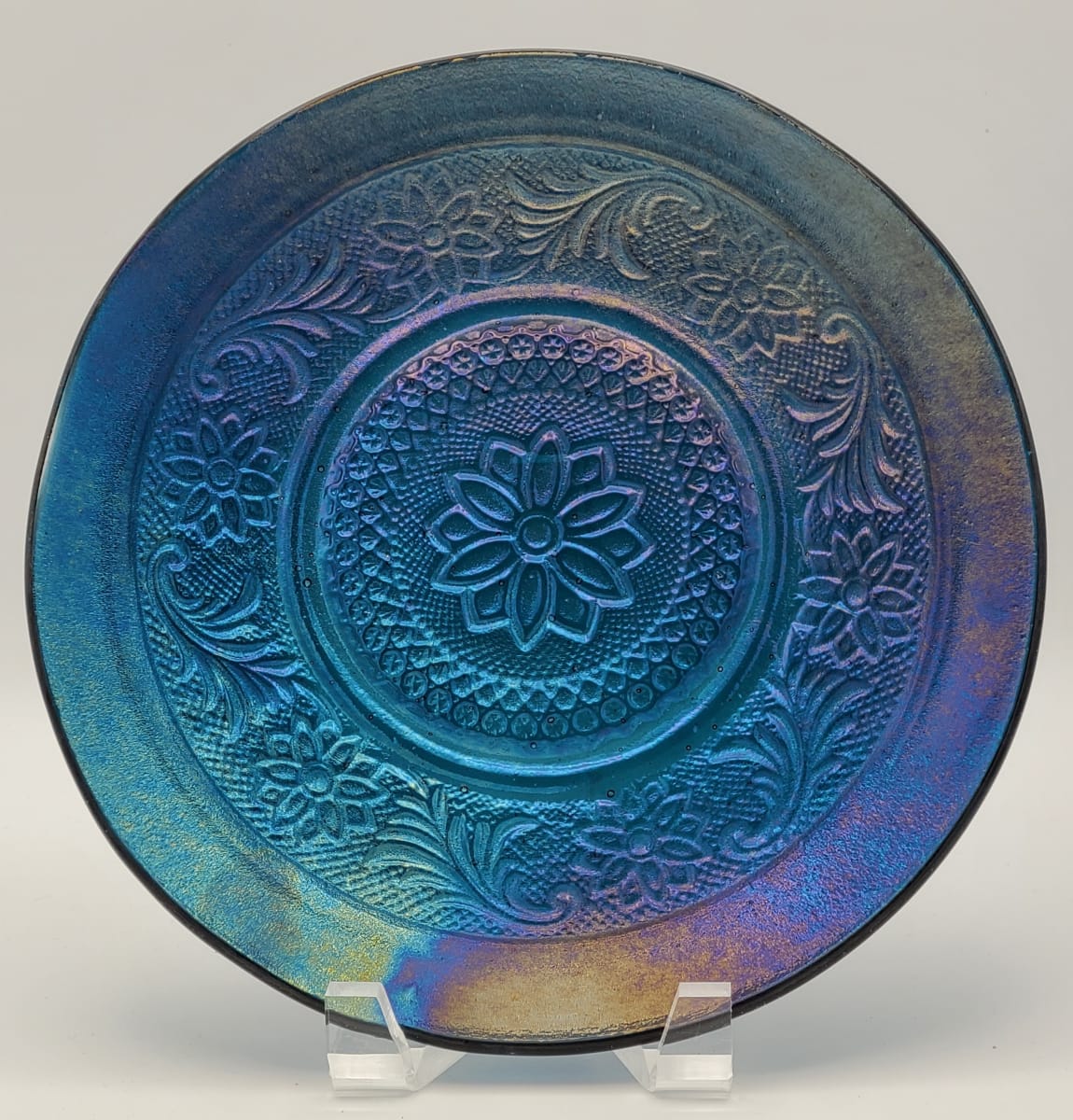 Serving Bowl-Flower Mandala Imprint in Aquamarine Irid by Kathy Kollenburn 