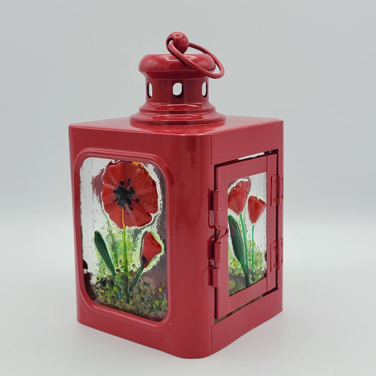 Lantern, Small Red with Poppy Panels by Kathy Kollenburn 