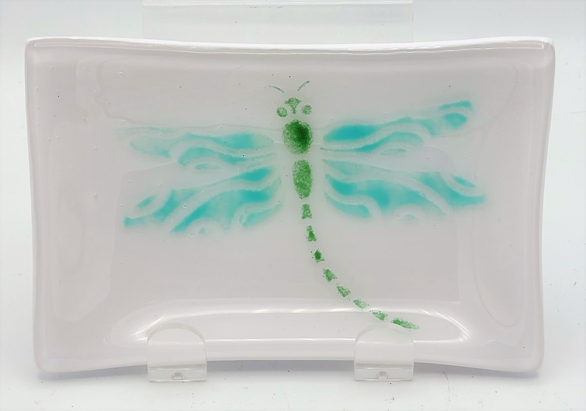 Soap Dish/Spoon Rest-Green/Turquoise Dragonfly on White 
