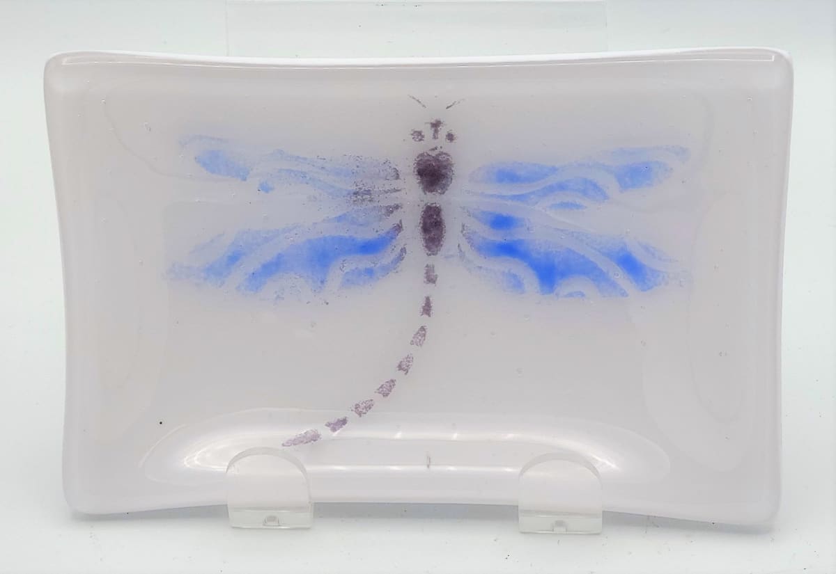 Soap Dish/Spoon Rest-Blue/Purple Dragonfly on White 