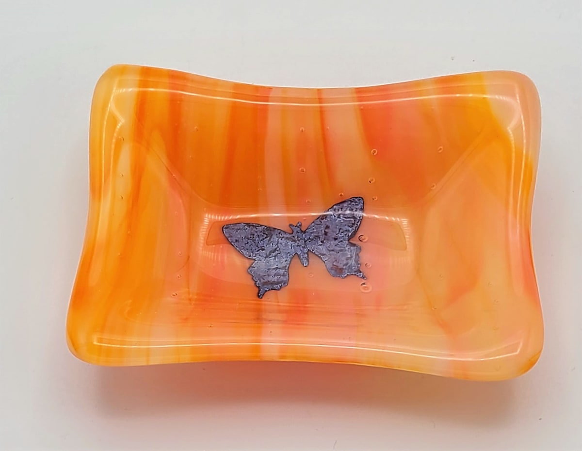Trinket Dish with Copper Butterfly in Orange Streaky by Kathy Kollenburn 