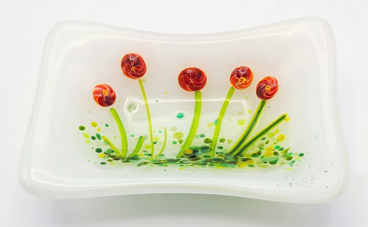 Trinket Dish with Red Flowers on White 