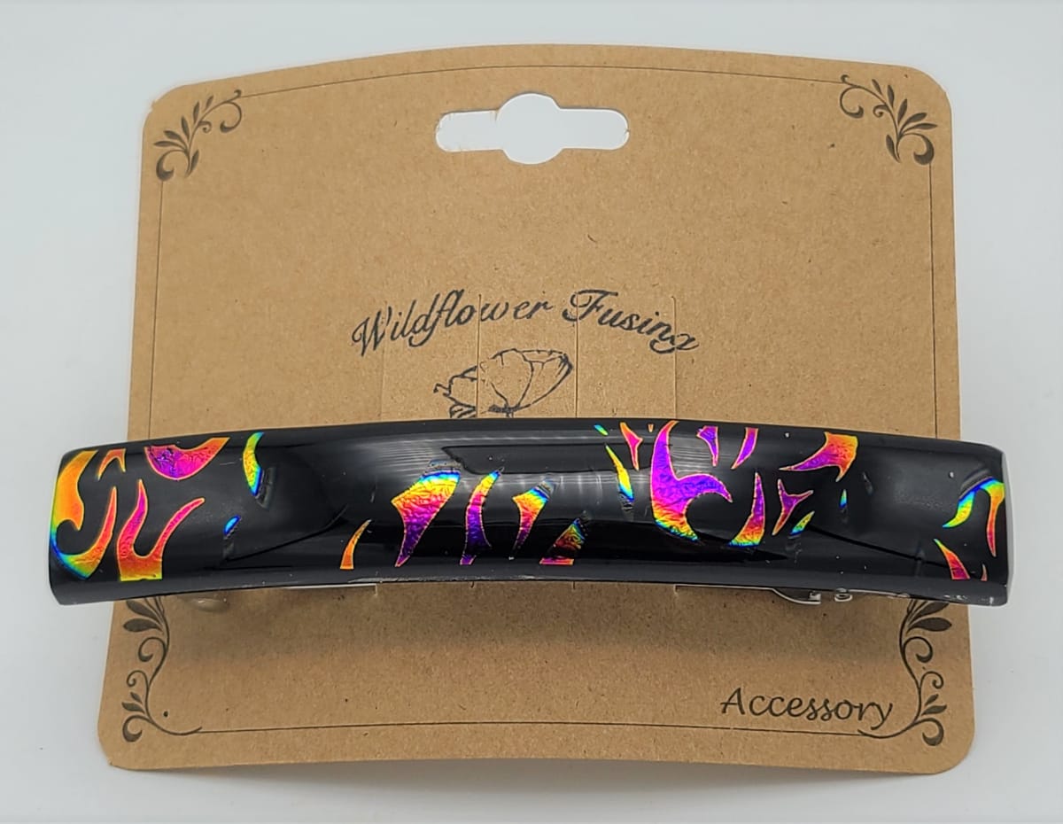 Barrette-Black with Flame Dichroic in Pinks/Purples/Gold by Kathy Kollenburn 