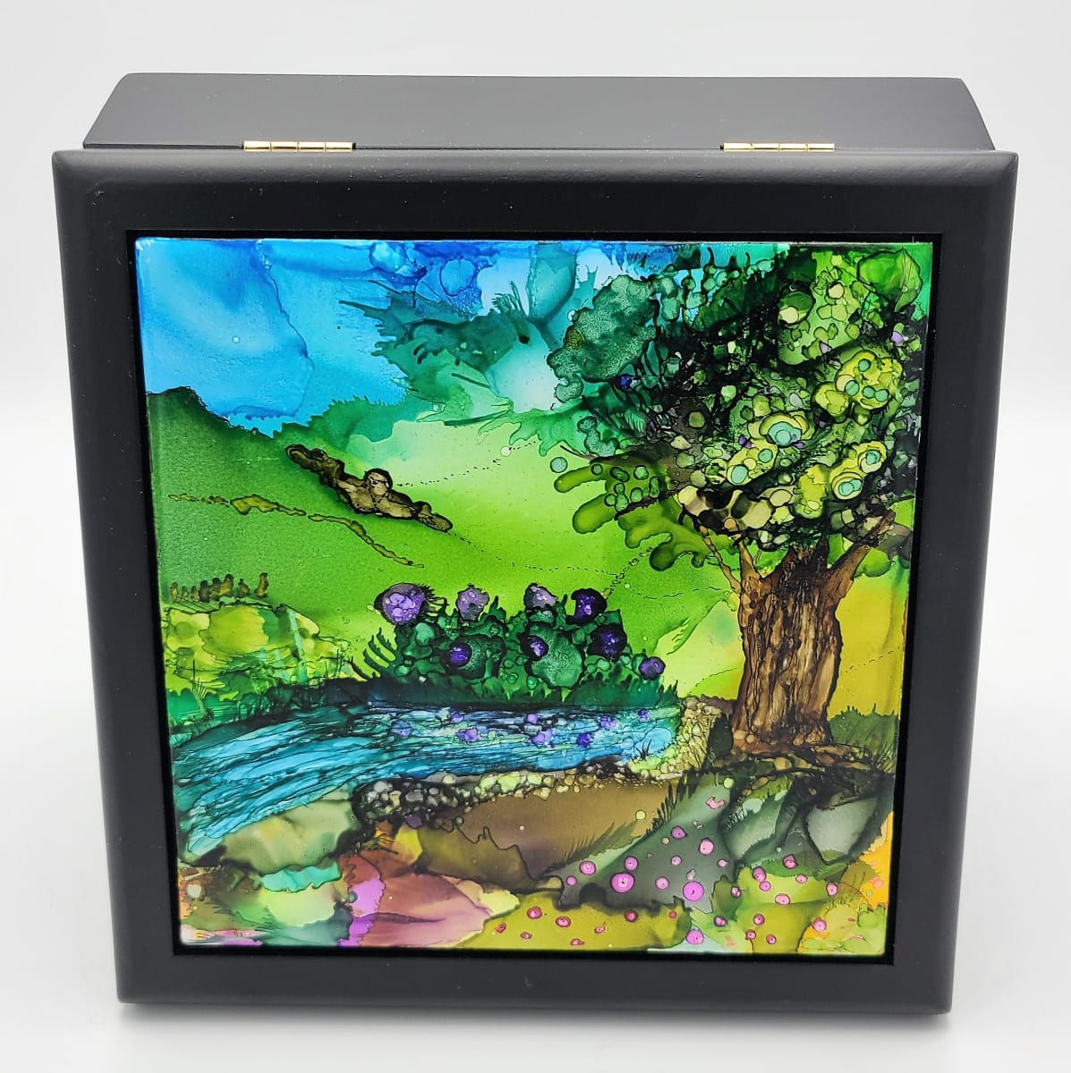 Treasure Box-Black with Tree by Stream and Flowers by Kathy Kollenburn 