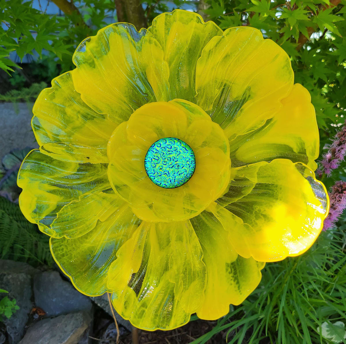 Garden Flower-Yellow Streaky with Yellow Streaky Bowl and Dichroic Center by Kathy Kollenburn 