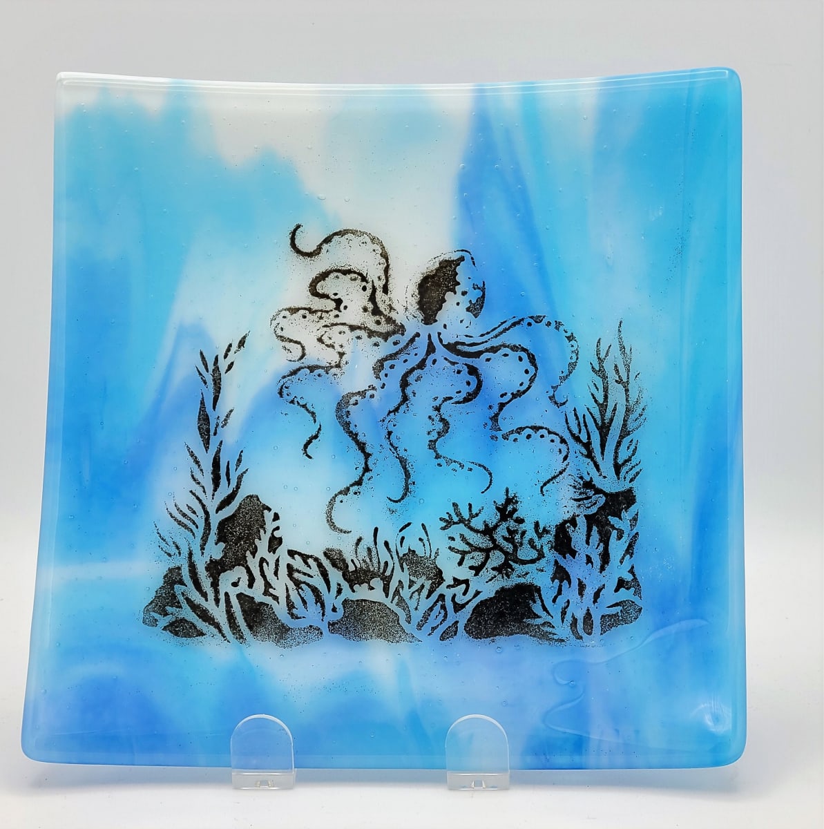 Sushi Plate with Octopus Scene on Blue/White Streaky 