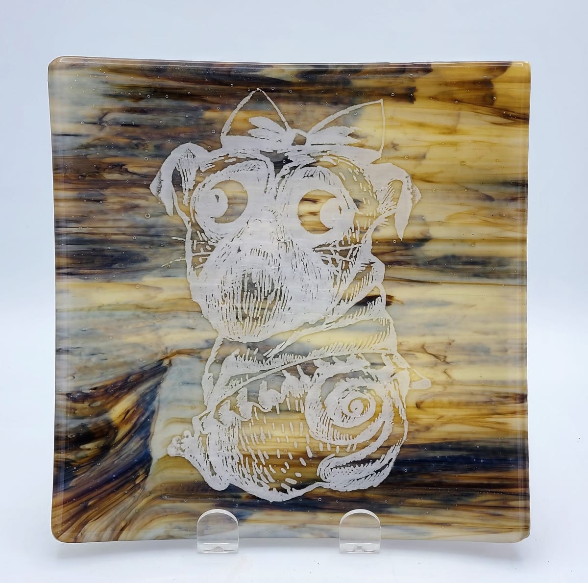 Plate with Pug Dog on Brindle Colored Glass 