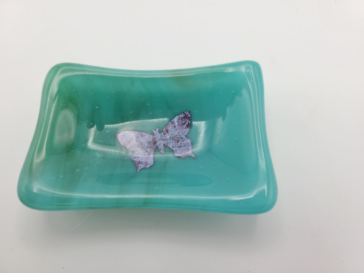 Trinket Dish-Green Streaky with Copper Butterfly by Kathy Kollenburn 