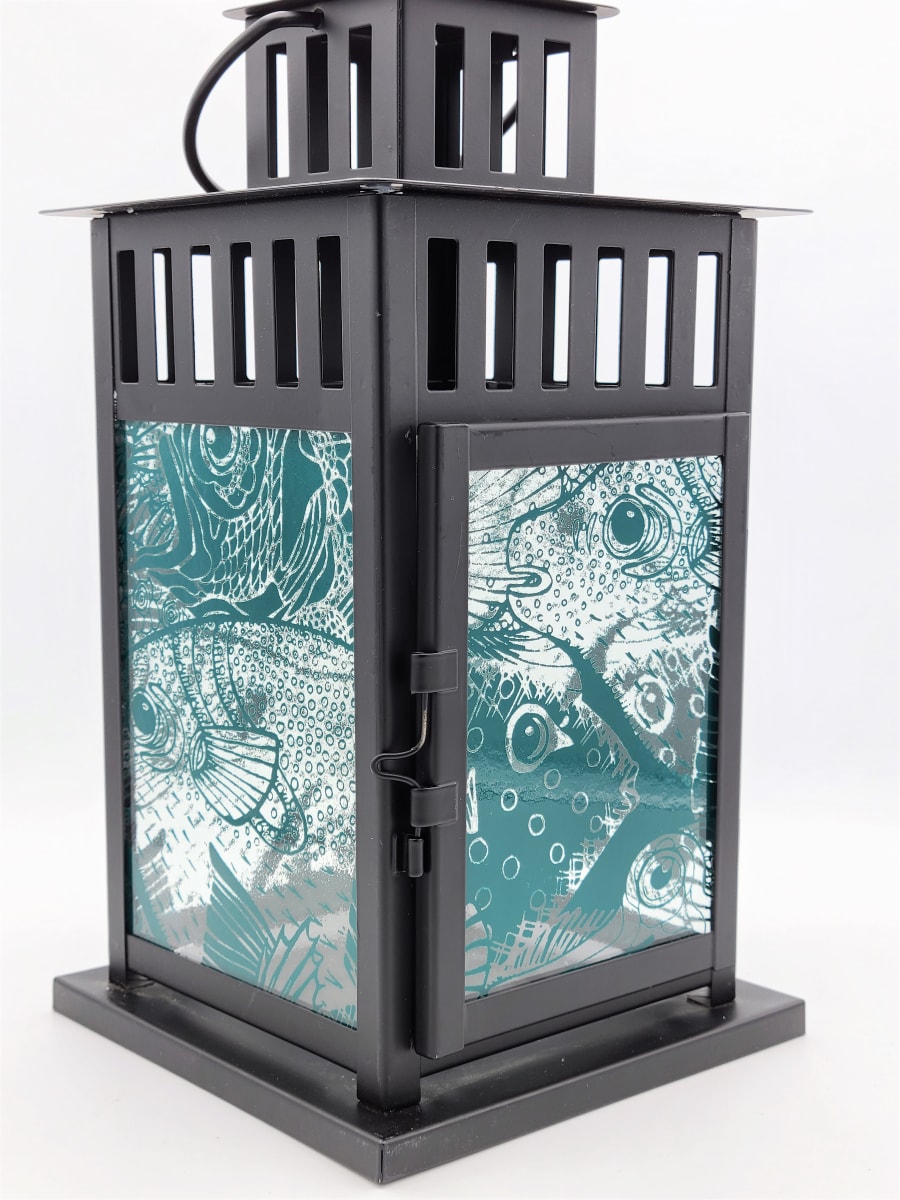 Lantern with Aquamarine Fish Panels by Kathy Kollenburn 