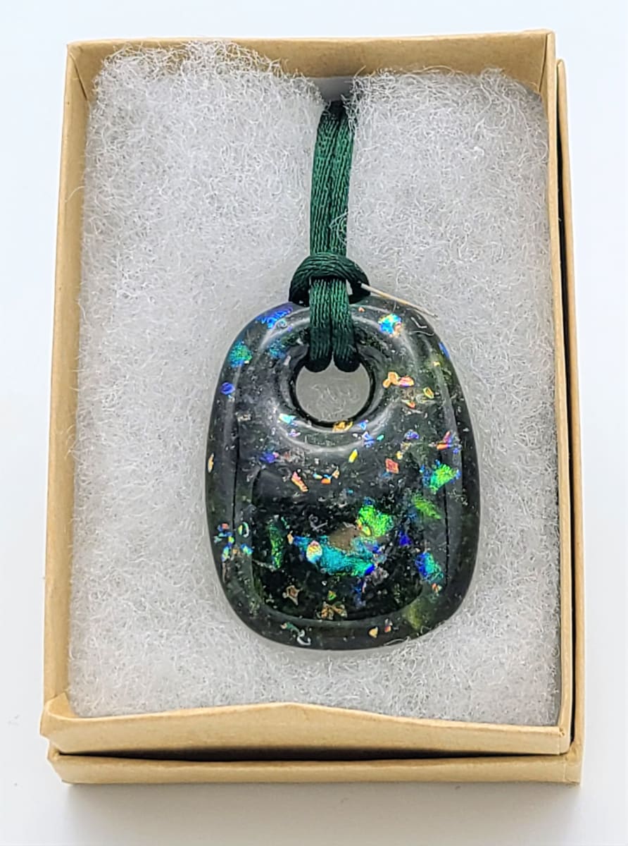 Necklace-Medium Green Pillow Pendant with Dichroic Flakes by Kathy Kollenburn 