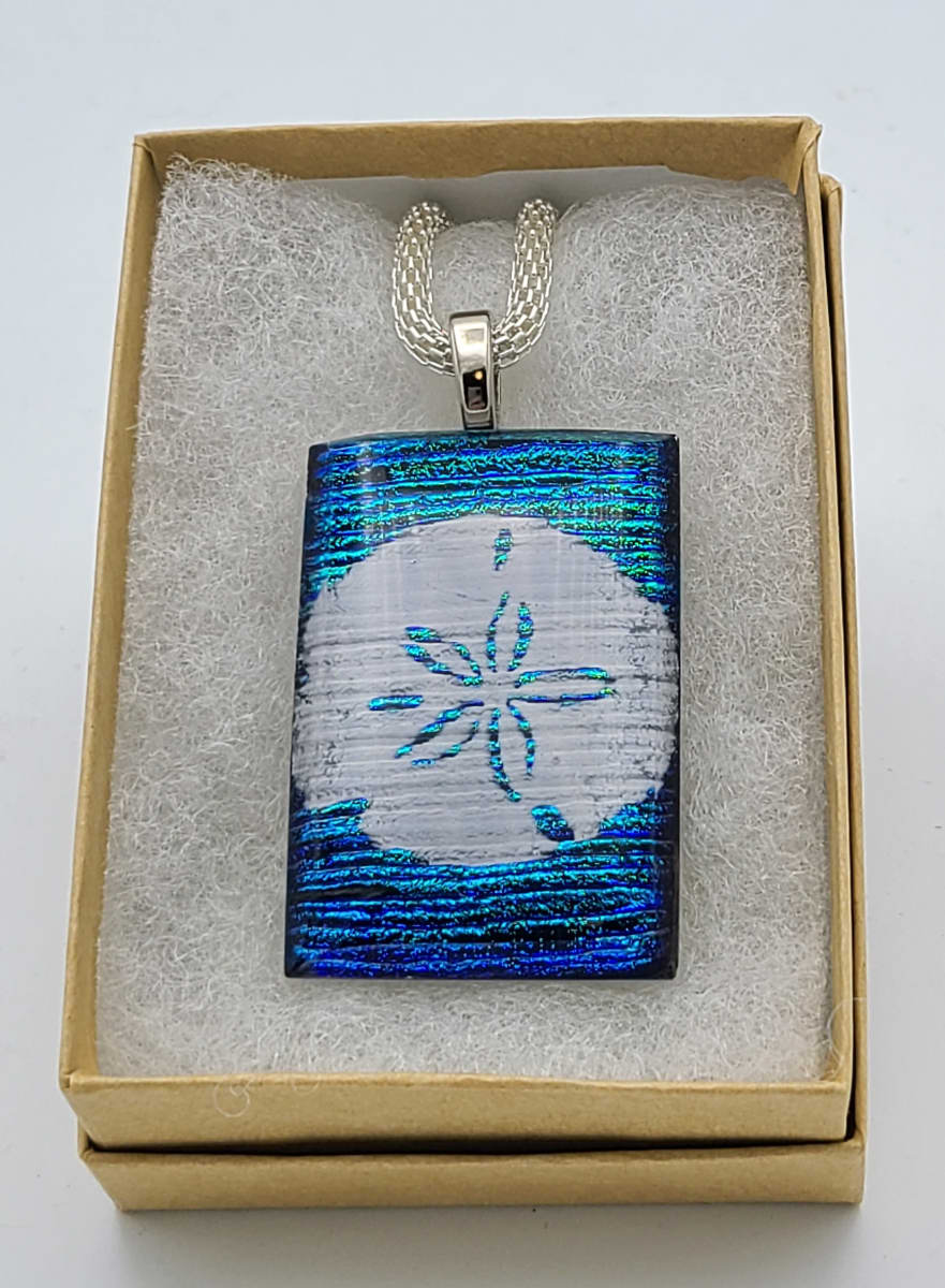 Necklace-Sand Dollar on Blue Reeded Dichroic by Kathy Kollenburn 
